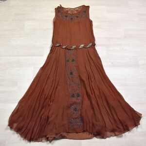 Antique 1920’S Heavily Beaded Brown Silk Chiffon Flapper Dress Great Gatsby VTG